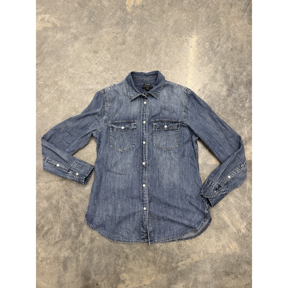 J Crew Top Womens 6 Slim Blue Pearl Snap Western Denim Cotton Shirt